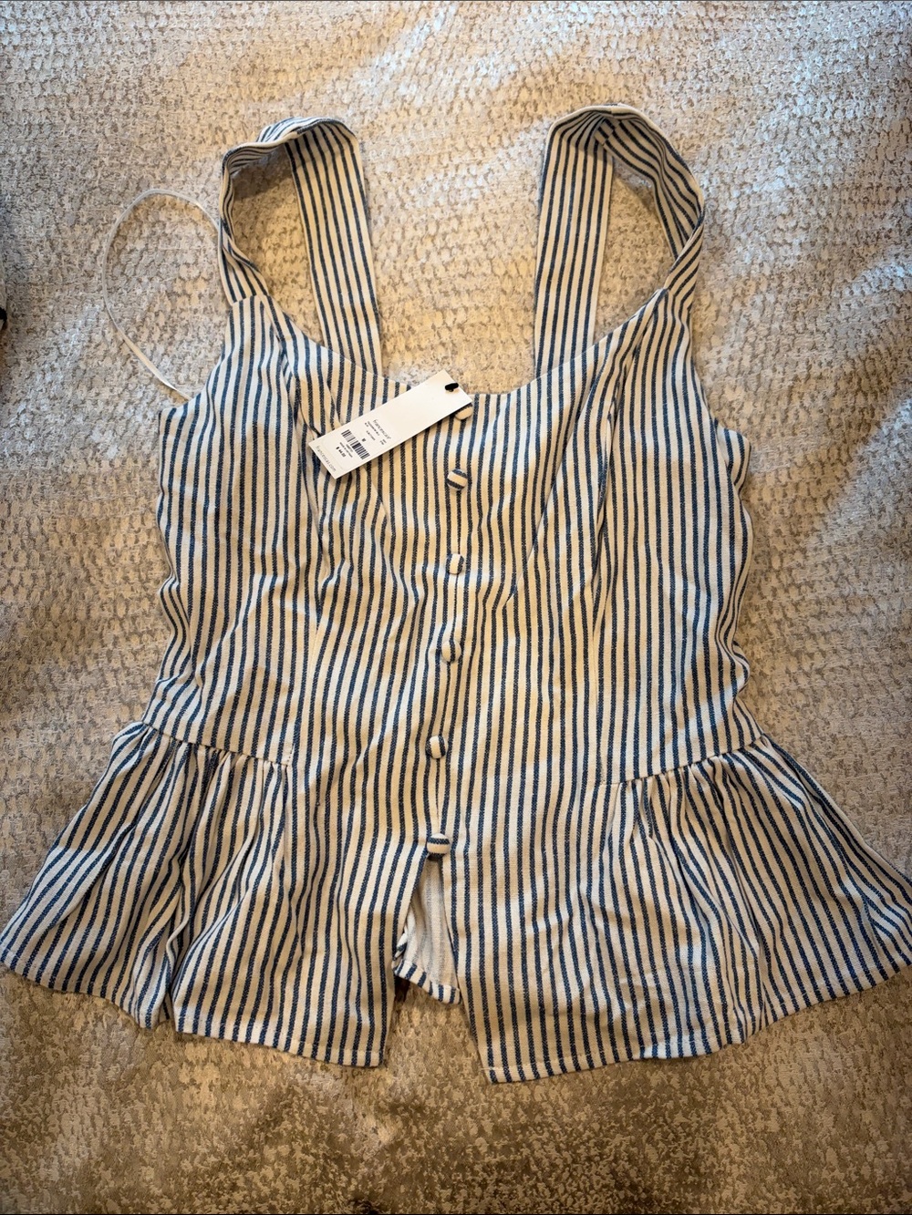 Francesca's Collections Navy and White Striped Button-Front Peplum Tank